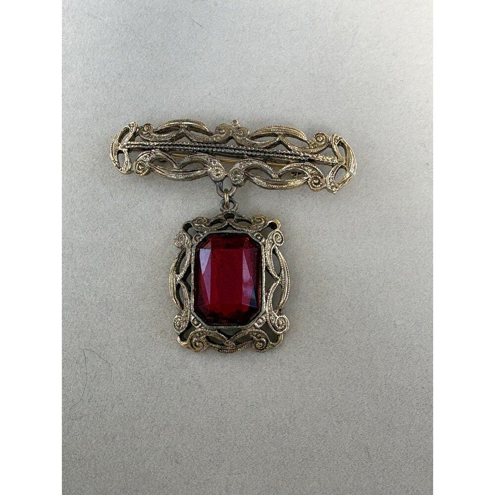 Vintage Art Deco Gold Tone With Red Faceted Rhinestone Dangle Brooch